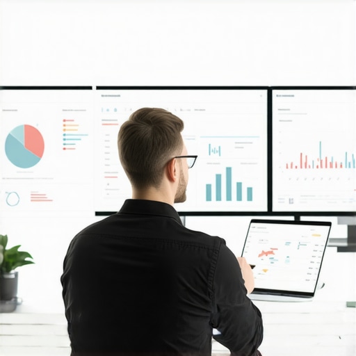 Business owner reviewing GMB analytics dashboard with charts and graphs in office