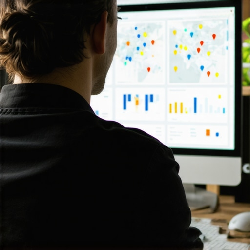 Business owner reviewing Maps SEO analytics with graphs and maps