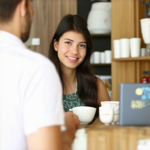 Small business owner interacting with local customers in a friendly, community-oriented environment