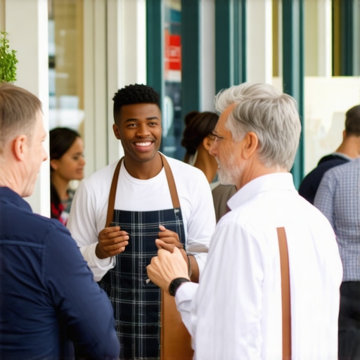 Business owner interacting with local community outside shop