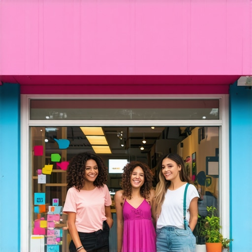 Business storefront with engaging signage and happy customers, illustrating local SEO results.