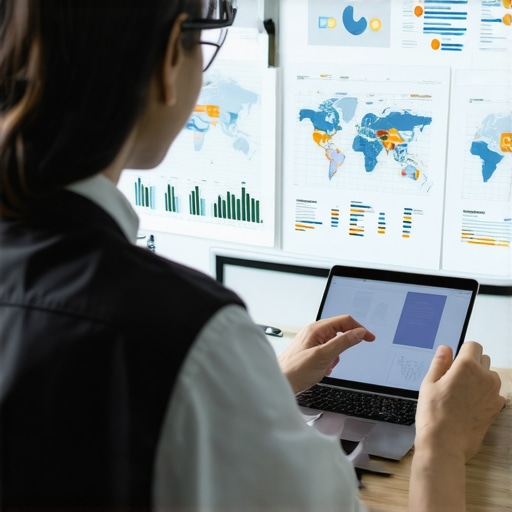 A marketer analyzing local SEO metrics with digital tools and maps in a modern workspace