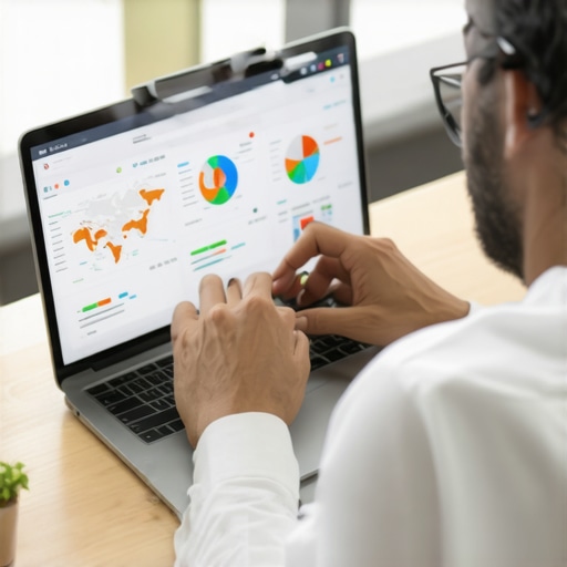 Person analyzing local SEO strategies on a laptop with maps and data graphs