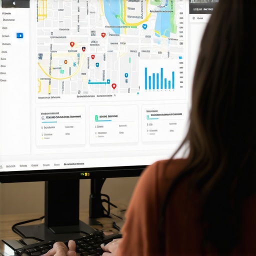 Person reviewing local SEO analytics on a laptop with maps and graphs