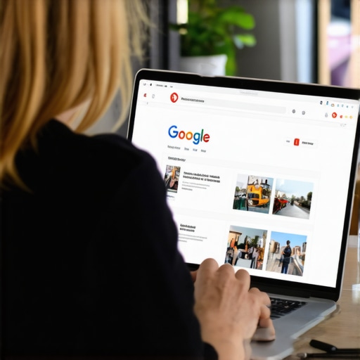 Person optimizing GMB profile on laptop with community images