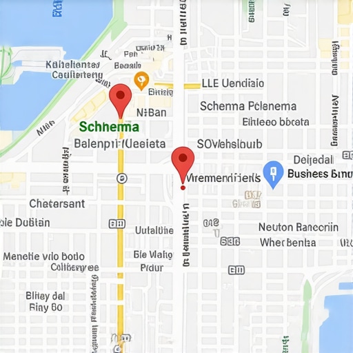 Digital map displaying local business listings with schema markup and voice search icons.