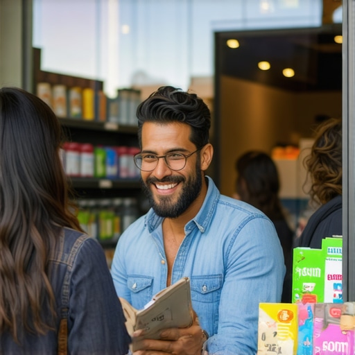 Business owner interacting with customers at a storefront, illustrating community engagement for local SEO.
