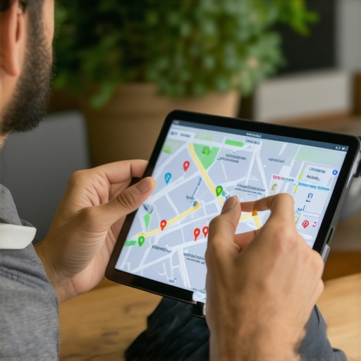 Business owner reviewing maps and SEO tactics on tablet.