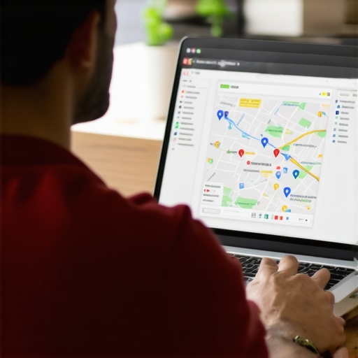 Business owner working on GMB profile optimization with maps and analytics
