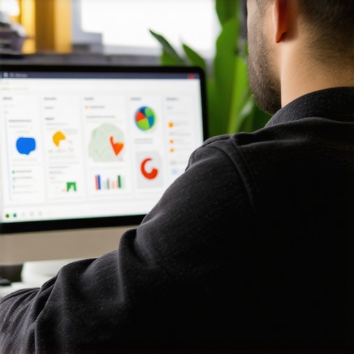 Optimizing GMB Profile for Local Search Success Business owner optimizing GMB profile on computer with charts and maps