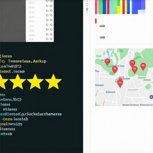 Illustration of schema markup embedded in website code with star ratings and local map snippets.