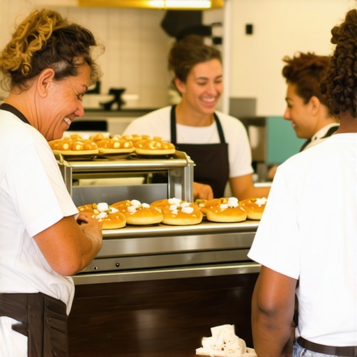 Busy bakery storefront with customers and staff, vibrant and inviting