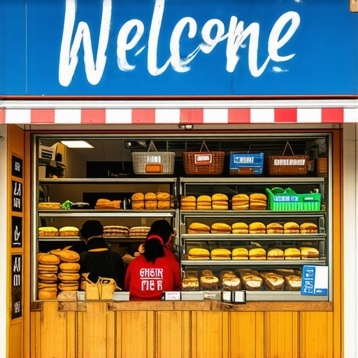 Vibrant bakery storefront with display cases and customers