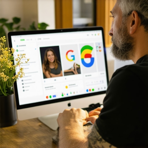 Business owner editing GMB profile on laptop with SEO analysis tools.