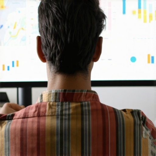 Analyzing GMB Performance A professional analyzing local SEO metrics on dual monitors showing maps and graphs