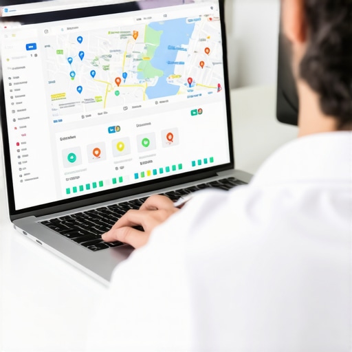 Person reviewing local SEO performance data on laptop with maps and charts