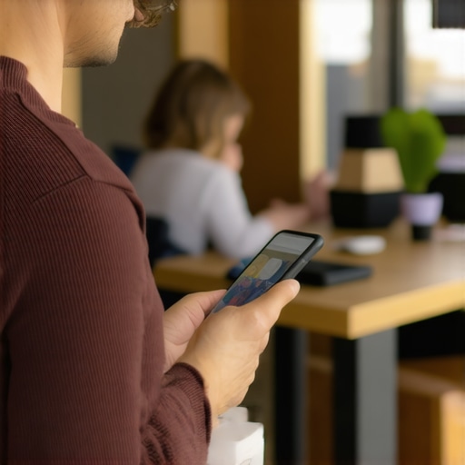 A person updating their GMB profile on a smartphone in a busy storefront.