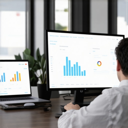 Digital Marketing Analytics Person reviewing local SEO analytics on a computer screen with graphs and maps.