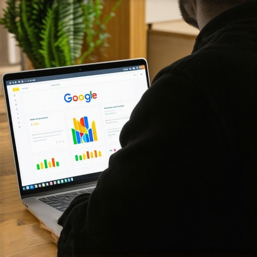 Business owner editing Google My Business profile on laptop with analytics