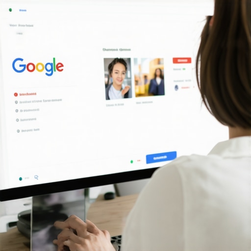 Person customizing Google My Business profile on a laptop, with images and SEO icons.