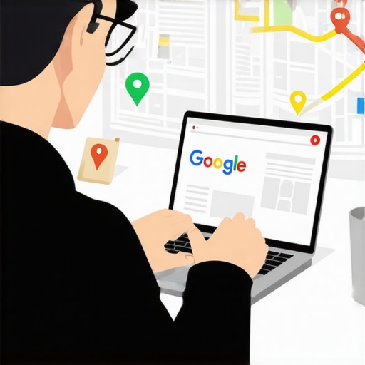 Business owner working on Google My Business profile with maps and keywords