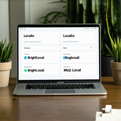 Optimizing Local SEO with Essential Tools Laptop showing local SEO analytics and citation management tools on screen.