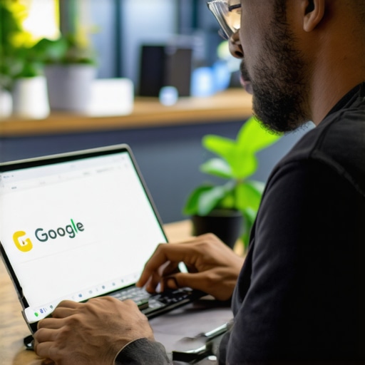 Business owner updating GMB profile on laptop, emphasizing engagement and SEO