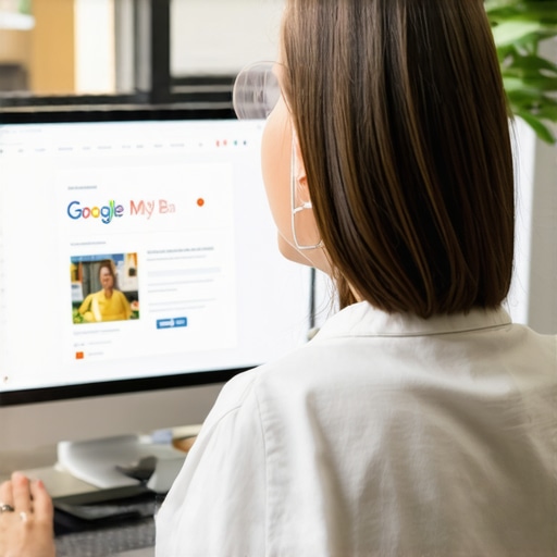 Business owner updating GMB profile on laptop in office.