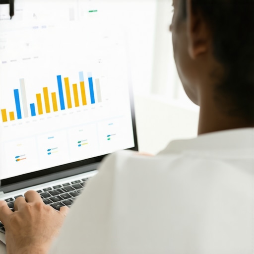 Person analyzing GMB data on a laptop with charts and tools