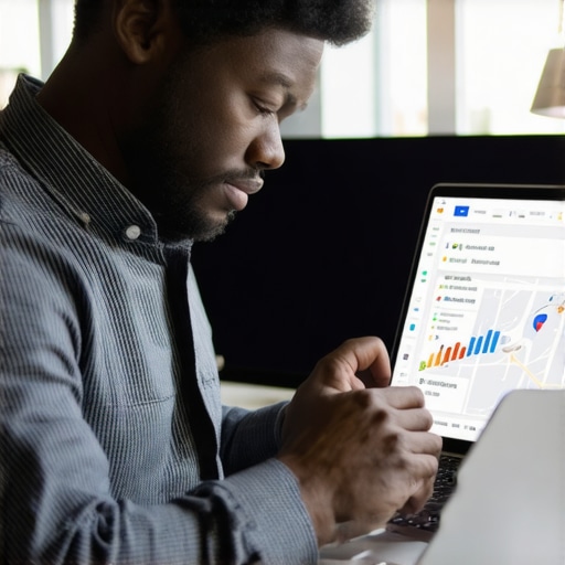 Business owner editing GMB profile on laptop with maps and analytics