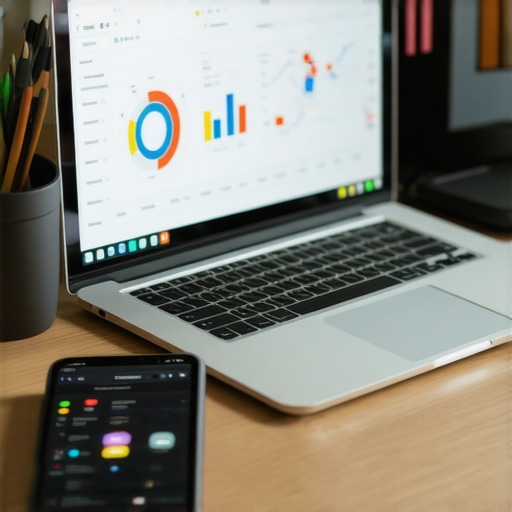 A workspace setup showing laptop, smartphone, and design tools for local SEO management.