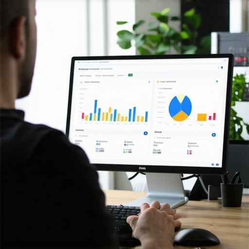 Person analyzing local SEO dashboard on computer screen, with graphs and metrics for GMB performance.