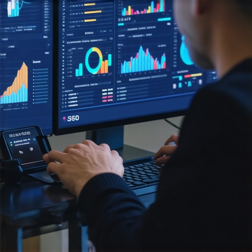 Person analyzing SEO data on a computer screen with maps and charts