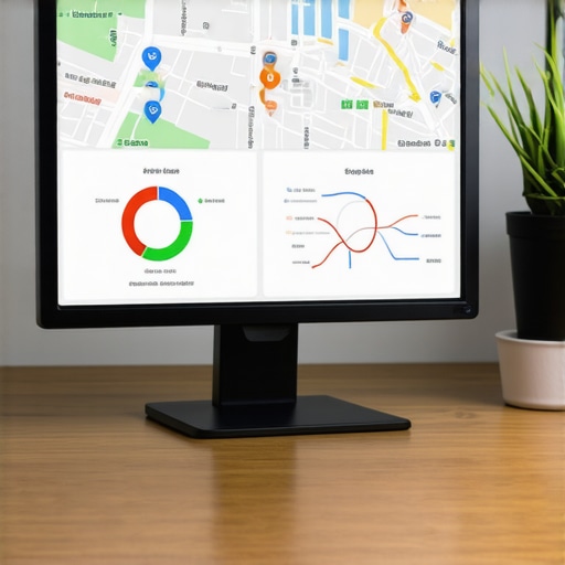 Workspace with SEO and local map analytics tools on computer screens.