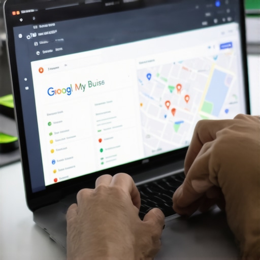 Person updating Google My Business profile on laptop with maps and analytics.