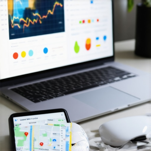 A workspace featuring a laptop and smartphone displaying local SEO analytics and Google Maps insights, illustrating tools for maintaining Maps SEO.