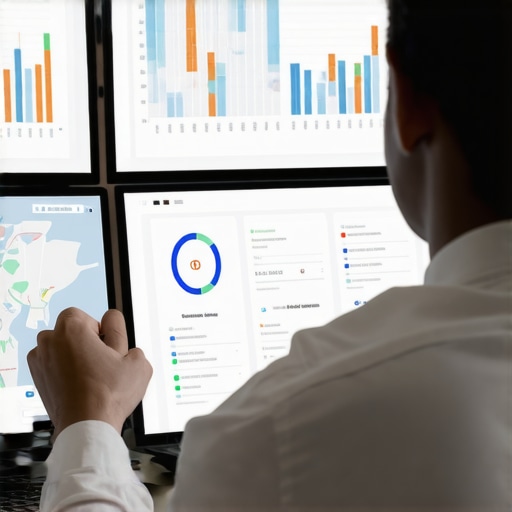 Business analyst reviewing Google Maps and GMB engagement data on screens